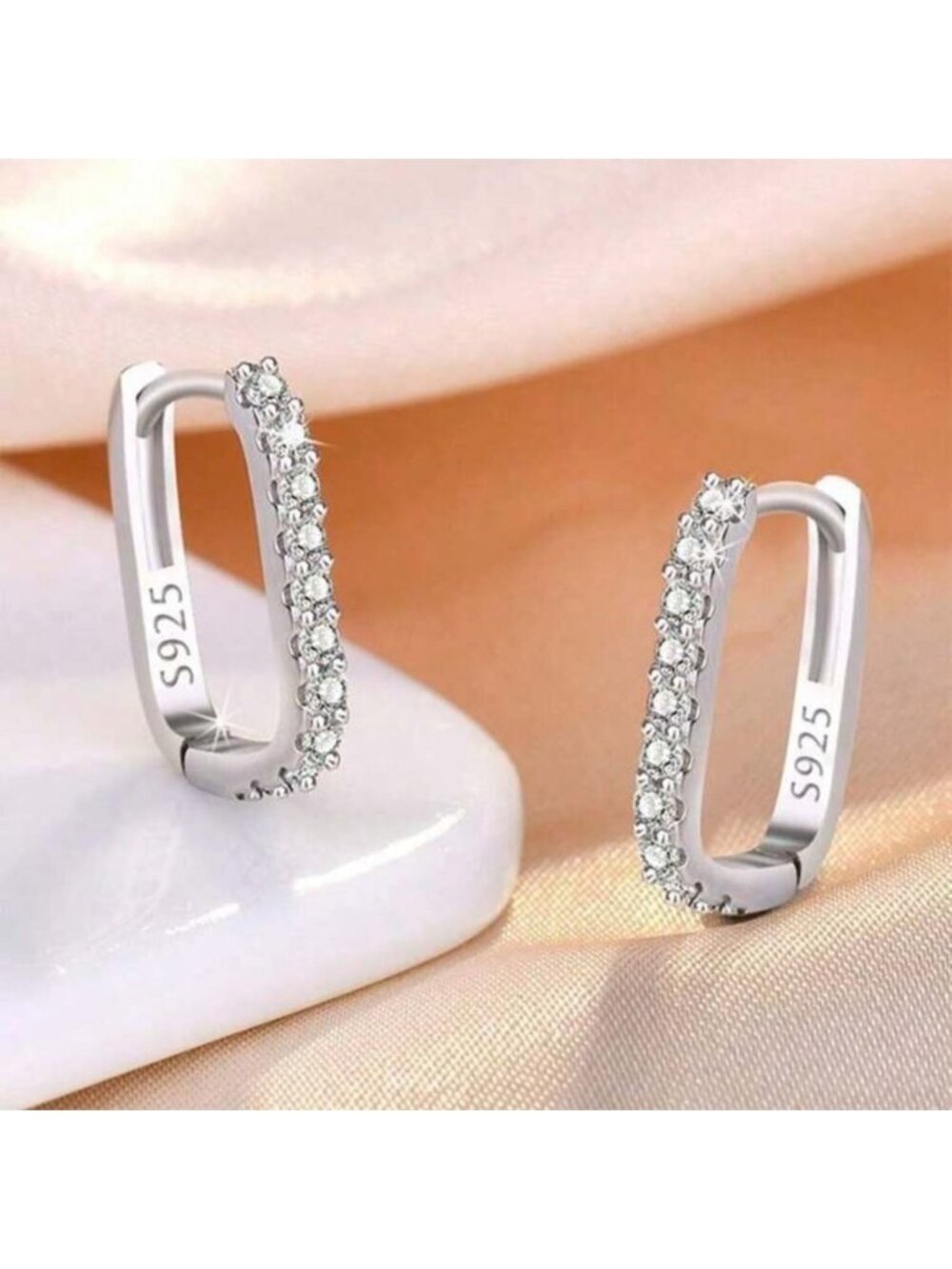 Sterling Silver Cubic Zirconia Rectangular Hoop Earrings